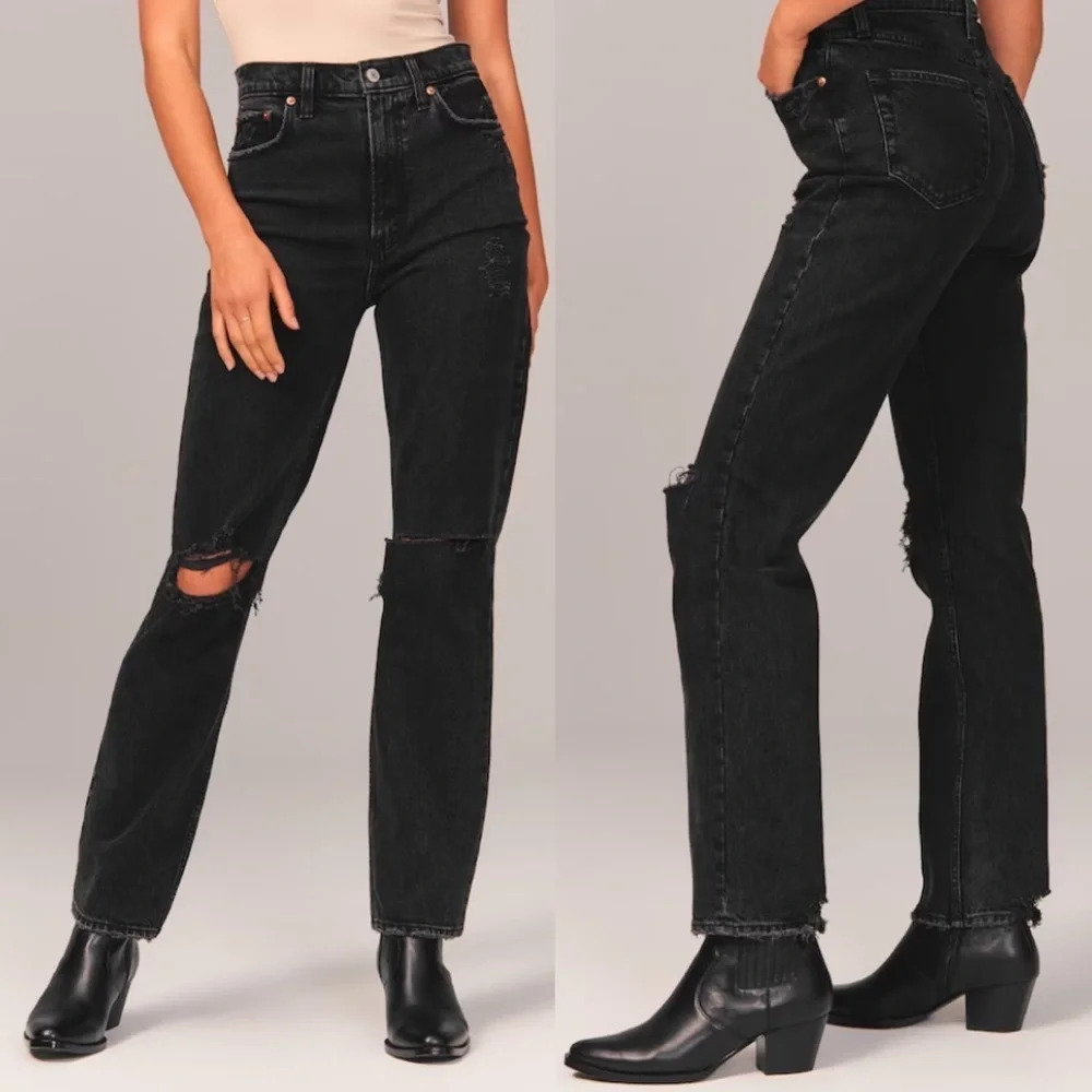 Abercrombie & Fitch Ultra High Rise 90s Straight Jean Black Destroy  Sz 36 NWT